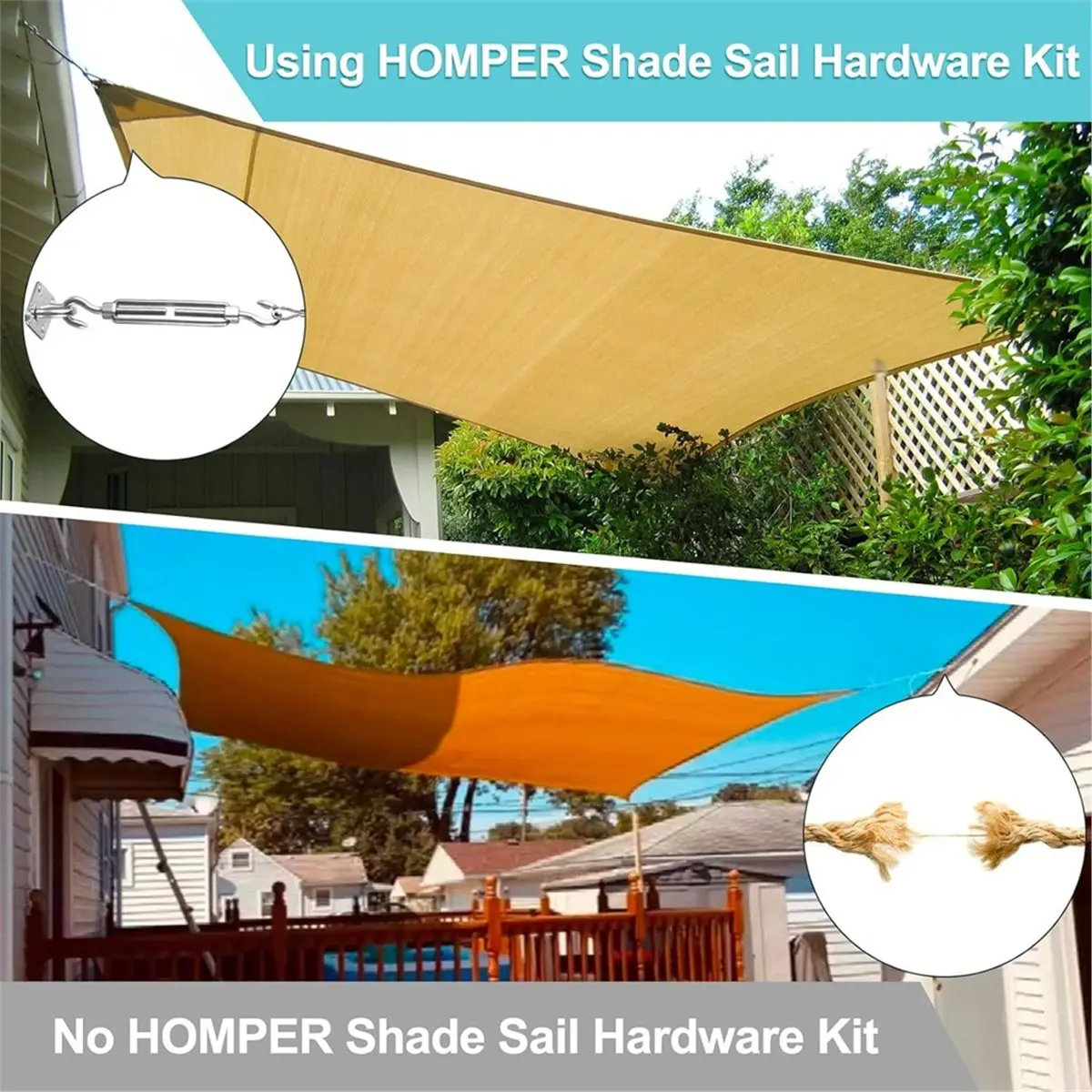 Awning Attachment Set, Heavy Duty Sun Shade Sail Stainless Steel Hardware Kit for Garden Triangle and Square, Rectangle