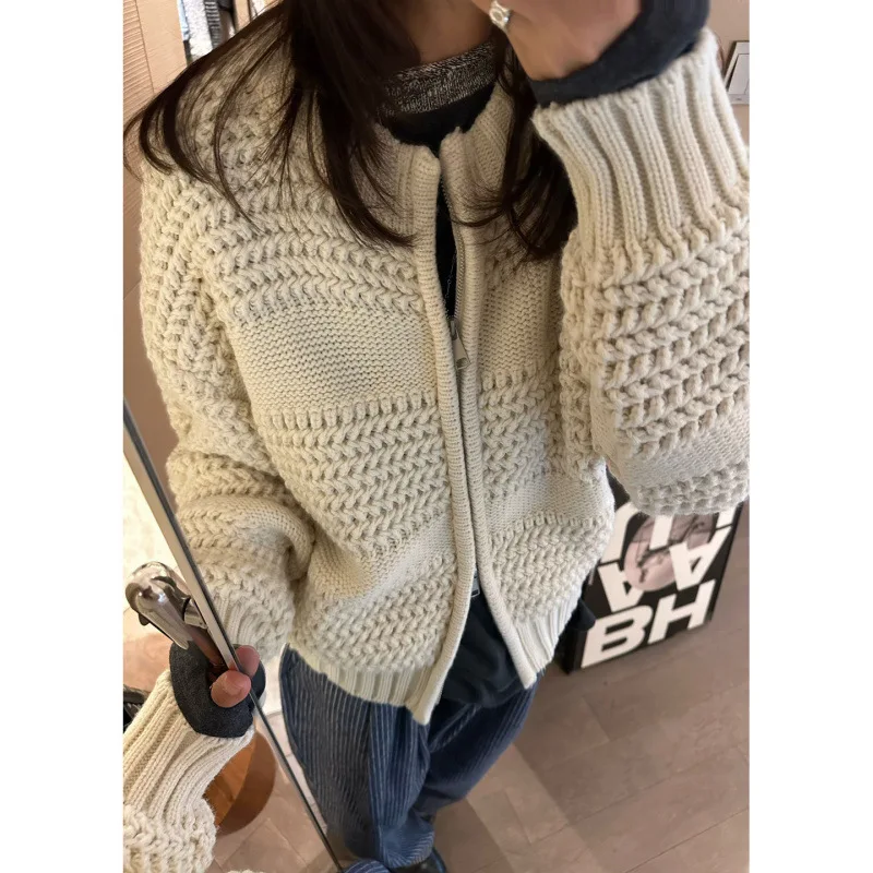 

Women Knitting Cardigan 2025 Autumn Winter Chunky Knit Cardigan Retro Heavy Duty Texture Thickened Loose Zip Up Outerwear