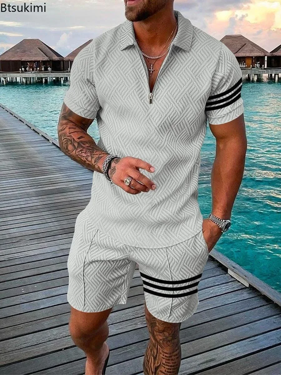 2025 Men's Summer Suit Sets 3D Printing Zipper Polo Shirt + Shorts Two Piece Set Soft Fashion Casual Men Clothing Tracksuit Sets