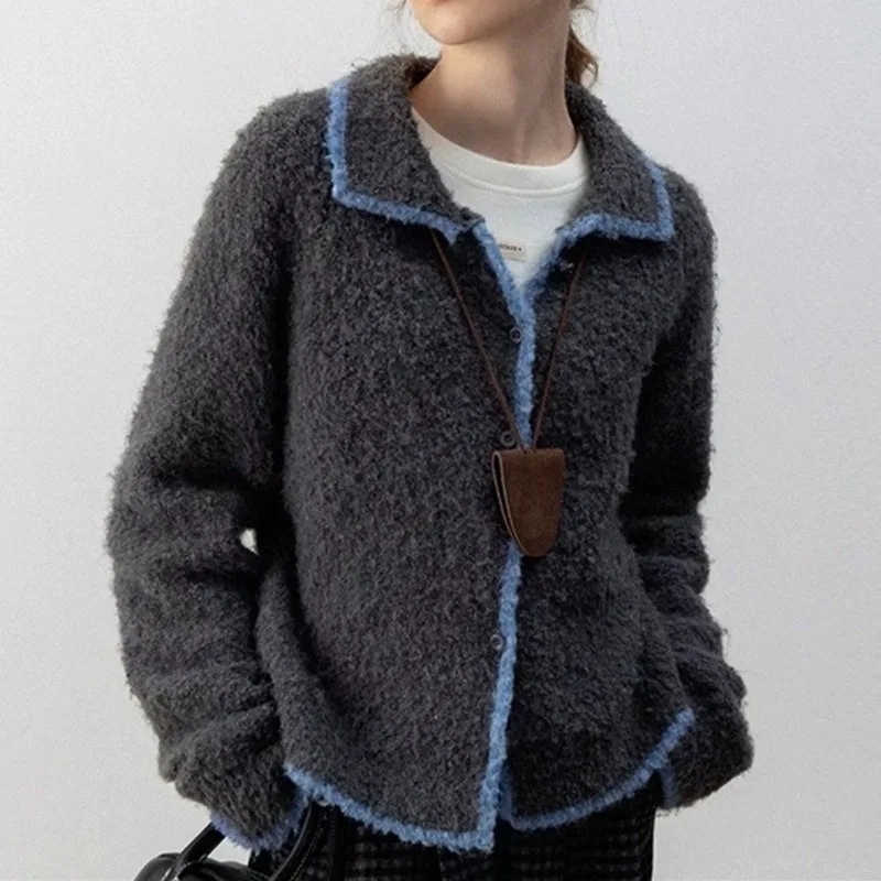 Retro Color-blocking Lapel Sweater Jacket for Women's Soft Soft Autumn Winter Wear A Loose Laid-back Casual Knitted Cardigan Top