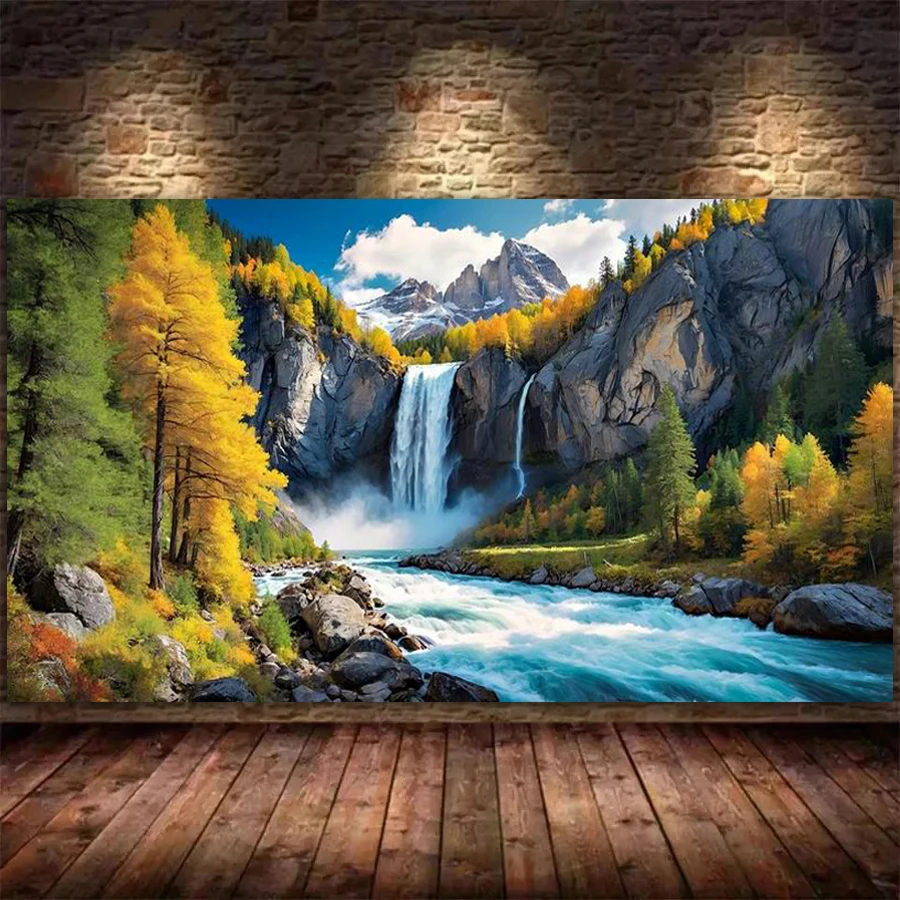 

New Diamond Painting Large Size Natural Scenery Waterfall Mountain Diy Full Mosaic Embroidery Landscape Forest River Picture