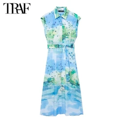 TRAF 2024 Print Shirt Dress Women Summer Beach Midi Dresses for Woman Short Sleeve Belt Female Dress Button Holiday Women Dress