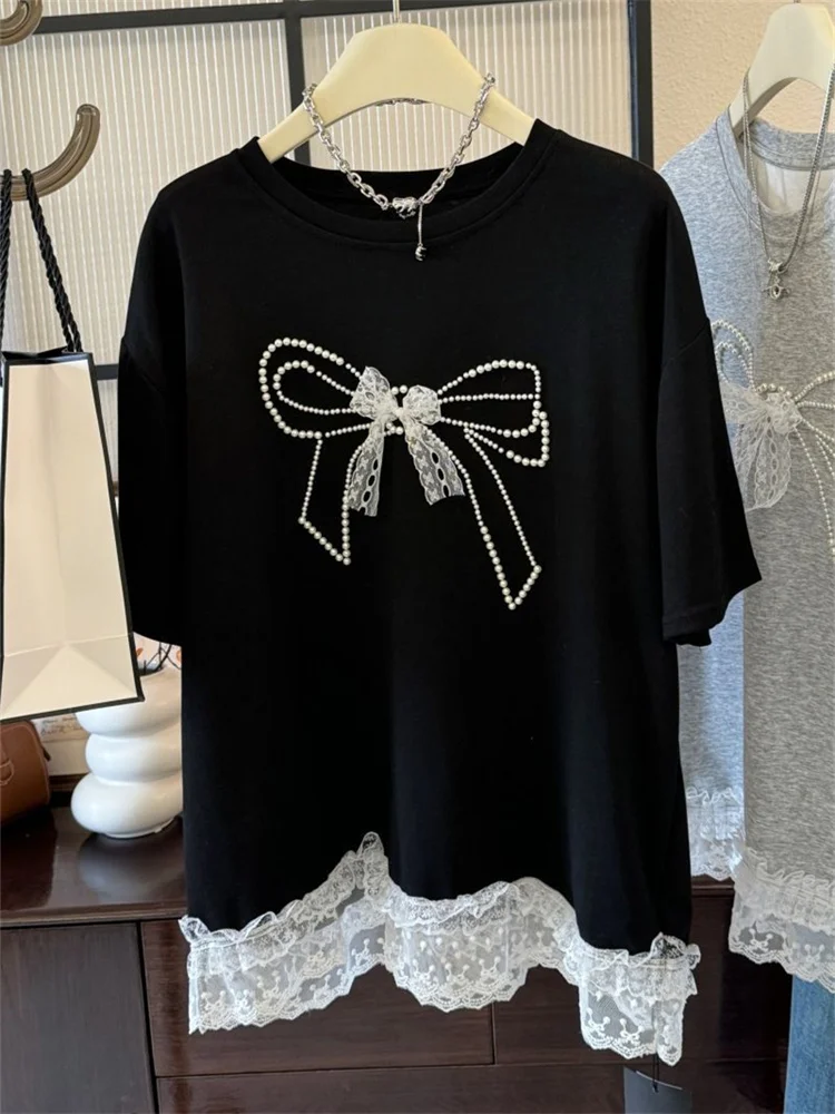 Faionable Heavy Embellied Lace Patchwork ort Sve T-irt ex Summer Vintage ey Casual Versatile Women's Top