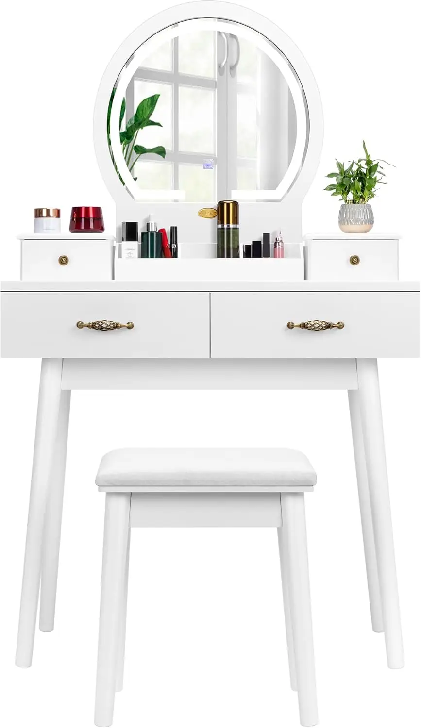 

Vanity Set with 3-Color Dimmable Lighted Mirror, Makeup Dressing Table with Drawers, Padded Stool