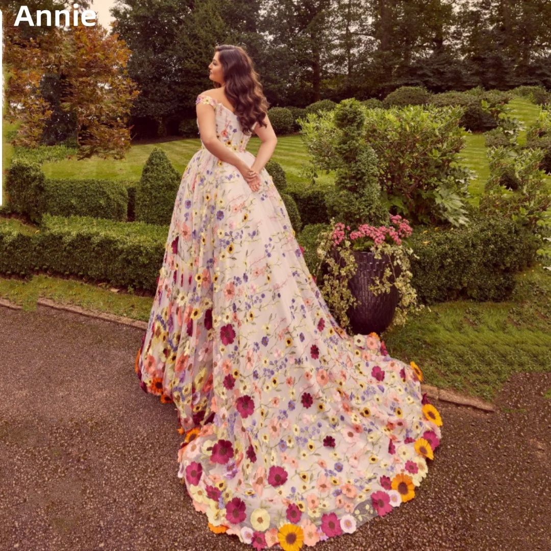 Annie Flowers Wedding Dress Embroidered 3D Tulle Princess Prom Dresses Spaghetti Straps For Women Vestidos De Fiesta Customized