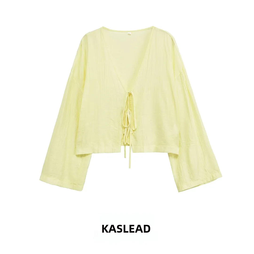 KASLEAD المرأة طويلة Sve irt ثنيات تأثير oulder وصيفة الشرف الدكتور ألياف البوليستر فضفاضة تناسب V-ne زر إغلاق