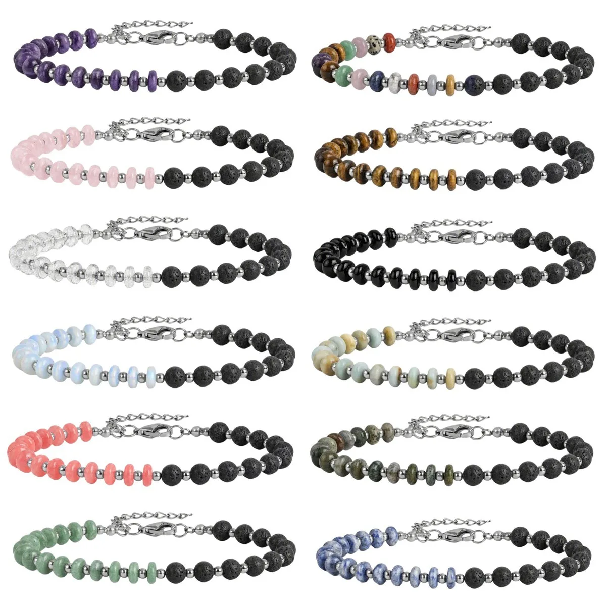 6MM Lava Stone Adjustable Bracelet Silver Clasp Natural Disc Gemstone Spacer Beaded Essential Oil Diffuser Unisex Jewelry