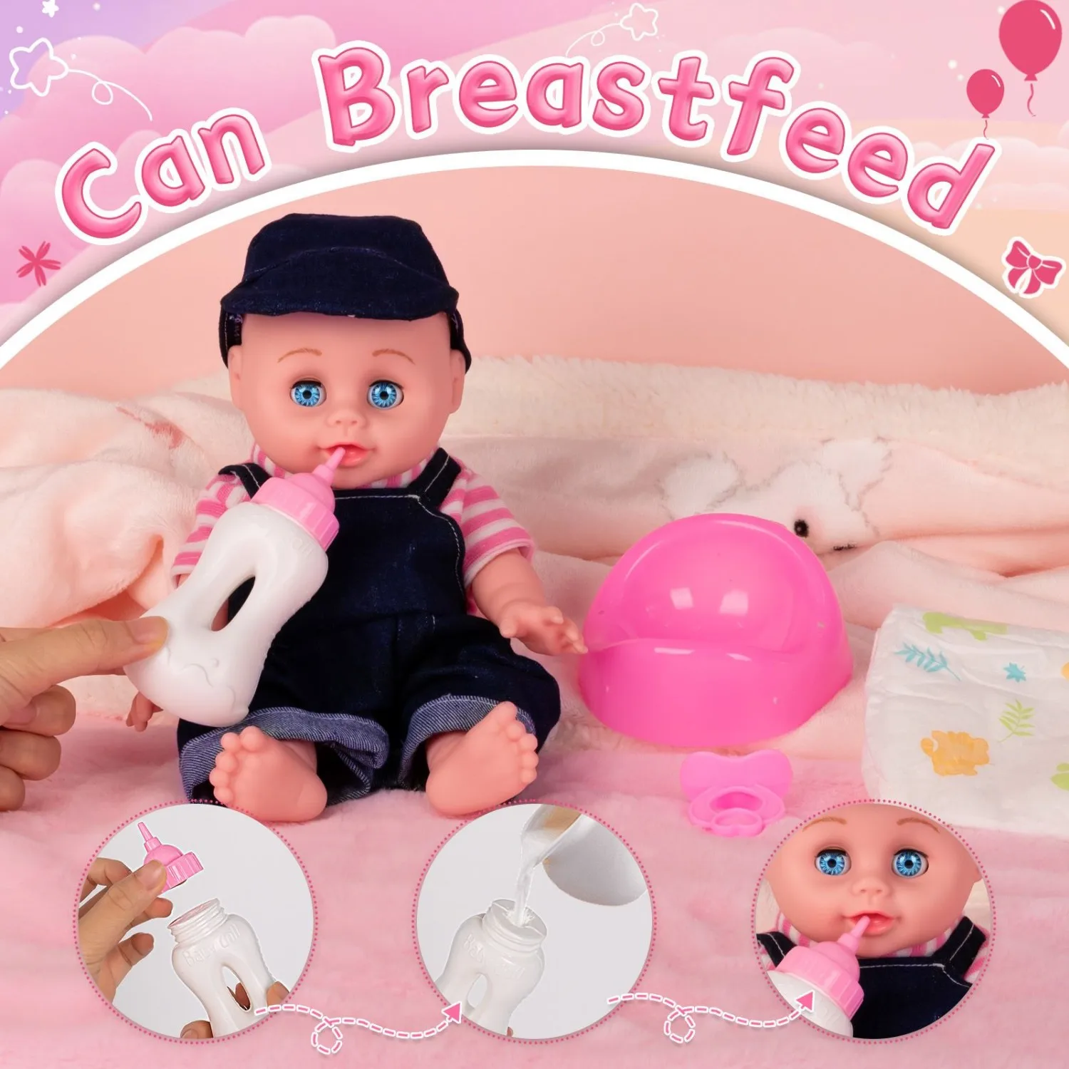 12인치 실물 같은 전신 아기 인형 |   파란색 작업복과 모자 |   젖병, 젖꼭지, 기저귀 포함 |   교육용 역할놀이 장난감