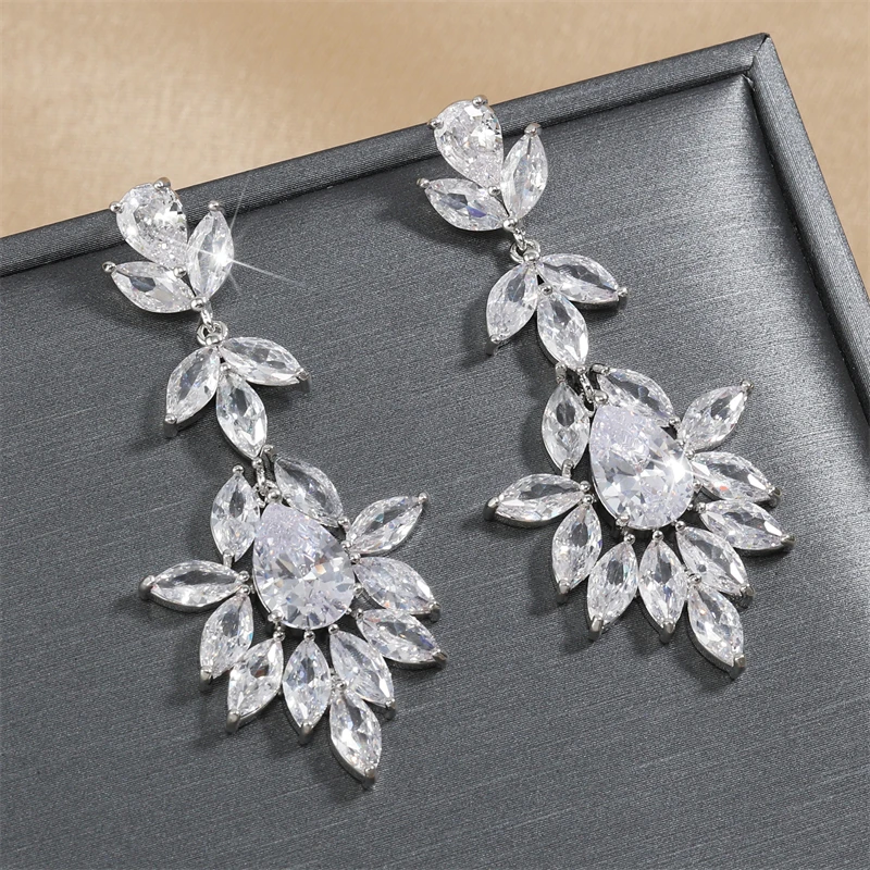 ZAKOL Leaf Marquise Zircon Bridal Earrings for Women Luxury Shiny Crystal Zirconia Long Drop Earring Elegant Wedding Jewelry