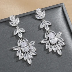 ZAKOL Leaf Marquise Zircon Bridal Earrings for Women Luxury Shiny Crystal Zirconia Long Drop Earring Elegant Wedding Jewelry