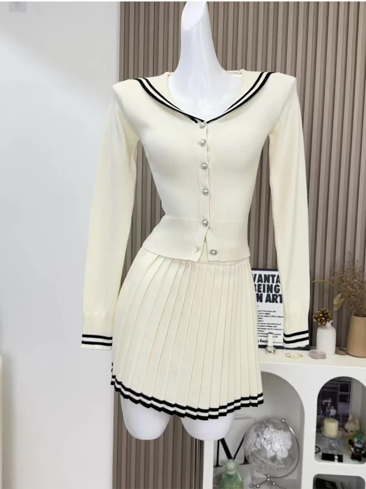 Autumn Winter Women Suit Old Money Knit Outfits 2 Piece Set Long Sleeve Sailor collar Cardigan Sweaters + Mini Pleated Skirt New