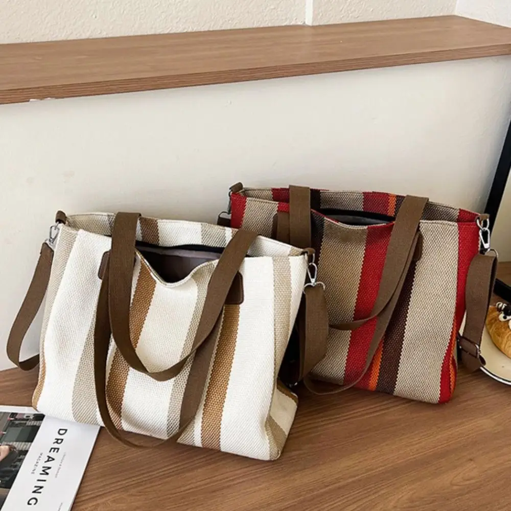 Portable Cloth Striped Tote Bag Adjustable Detachable Strap Shoulder Bag with Rabbit Pendant Dual Handles Crossbody Bag Travel