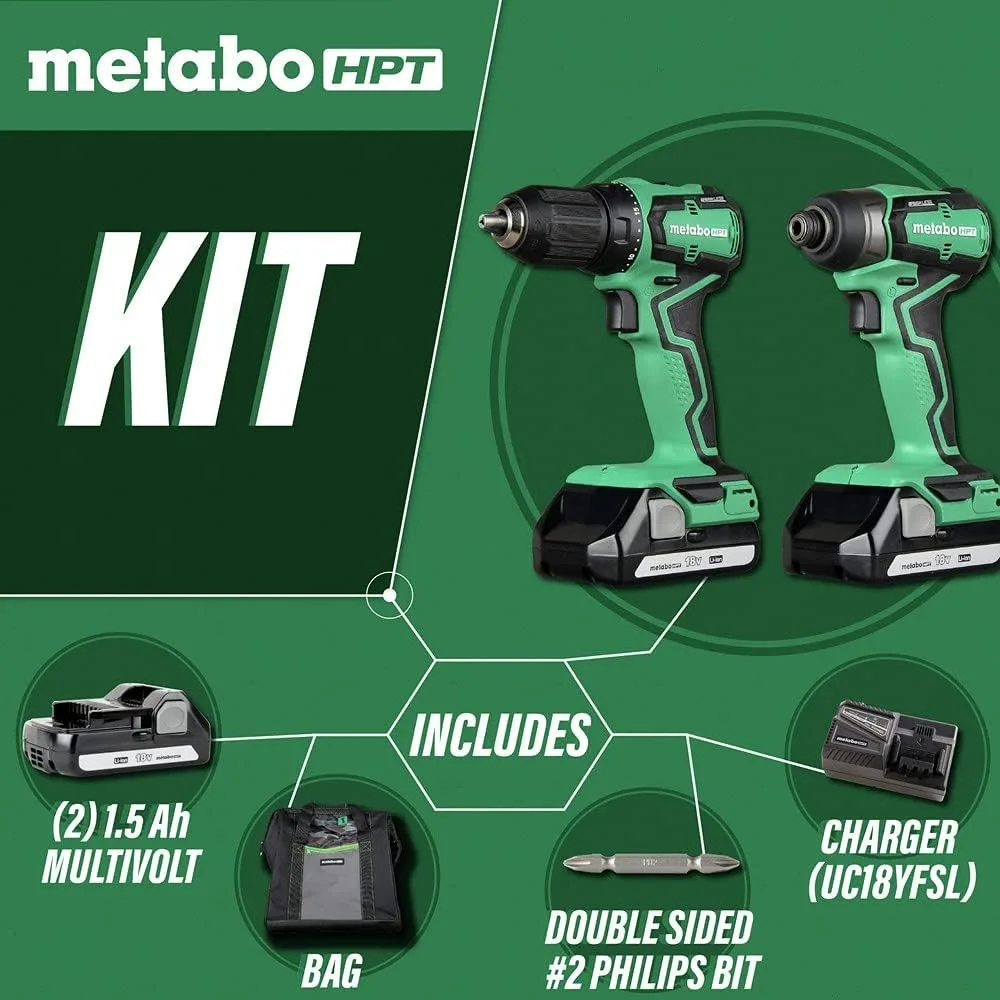 HPT Cordless 18V Drill and Impact Driver Combo Kit Sub-Compact Brushless Motor Lithium-Ion Batteries Lifetime Tool