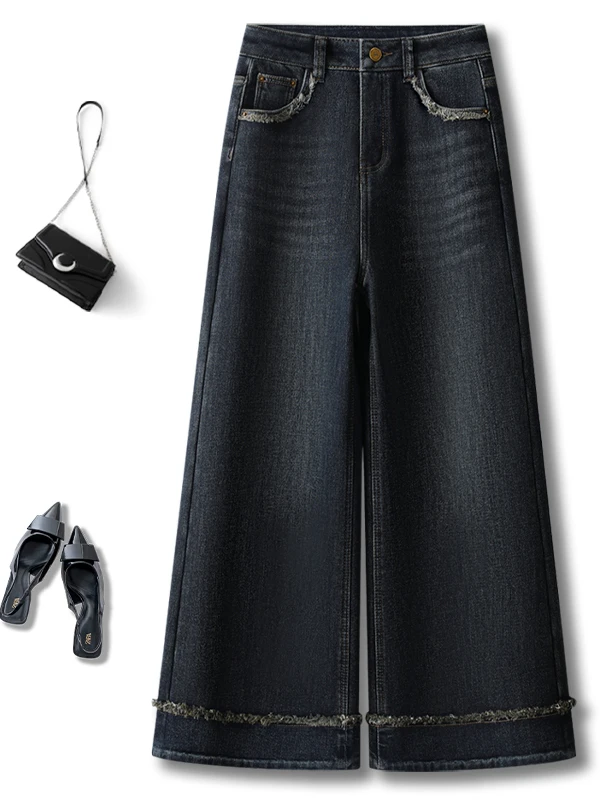 

Синие широкие джинсы в стиле ретро, женские джинсы больших размеров, маленькие прямые брюки-трубы с высокой талией, выцветшие повседневные весенне-осенние брюки