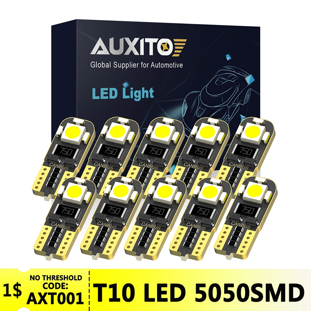 AUXITO 10 قطعة T10 LED 5050SMD 12 فولت Canbus خطأ مجاني W5W LED لمبات السيارات الداخلية الجانب ضوء وقوف السيارات مصباح 6000K الأبيض 194 168 2825