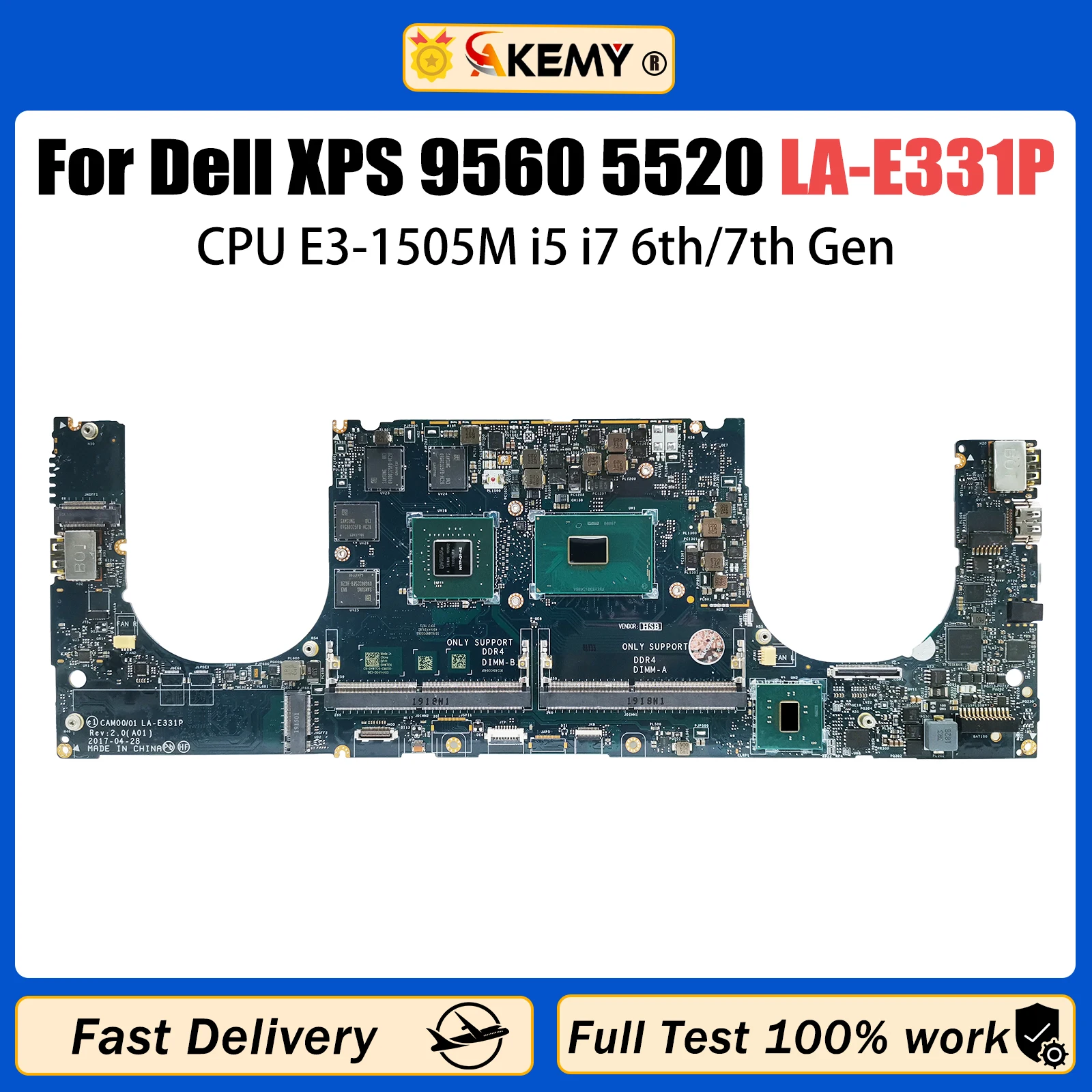 

AKMEY For Dell 5520 9560 Notebook Mainboard LA-E331P 0YH90J 0GDXD5 0HW7C4 0V90XP 03YC22 Laptop Motherboard E3-1505M i5 i7 6/7th