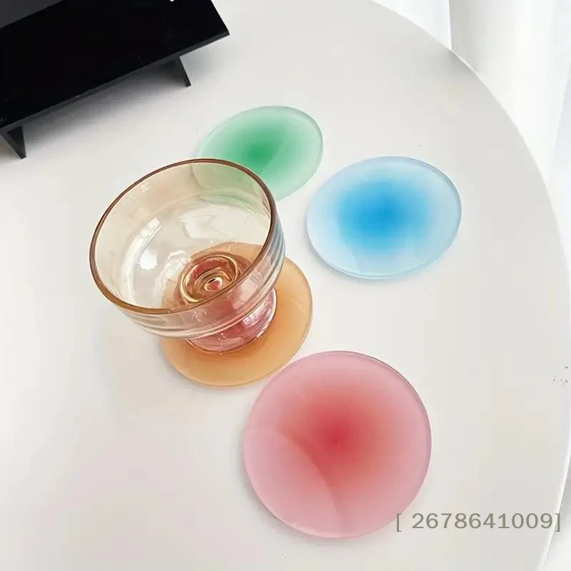 ⚑1/4Pcs Gradient Acrylic Round Coaster Sunset Gradient Heat Coffee Cup Pad Hot Drink Round Mug Mats Kitchen Dining Table Decor