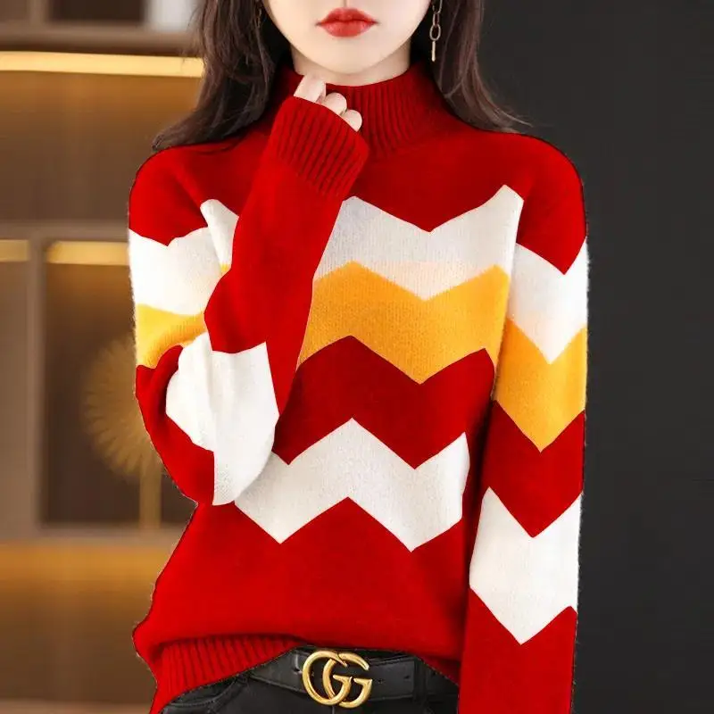 Fashion Woman Blouses 2023 Knitted Long Sleeve Half High Collar Loose Commuter Vintage Casual Color-blocked Sweaters Jumpers