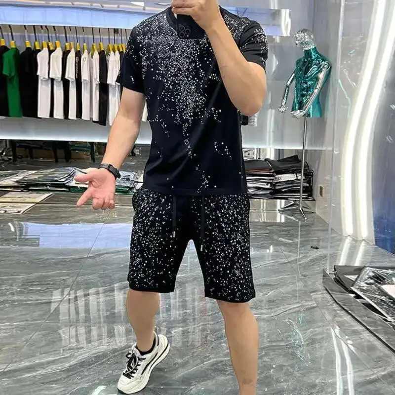 Men Sets Luxy Design With Rhinestones Tshirt & Shorts Men Sportswear Casual Tracksuit Men Quality Black Hot Drill  2-piece Suit