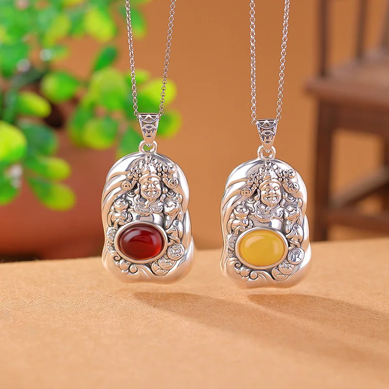S999 Silver Blood Amber Yellow God Of Wealth Coin Double-Sided Hanging Pendant