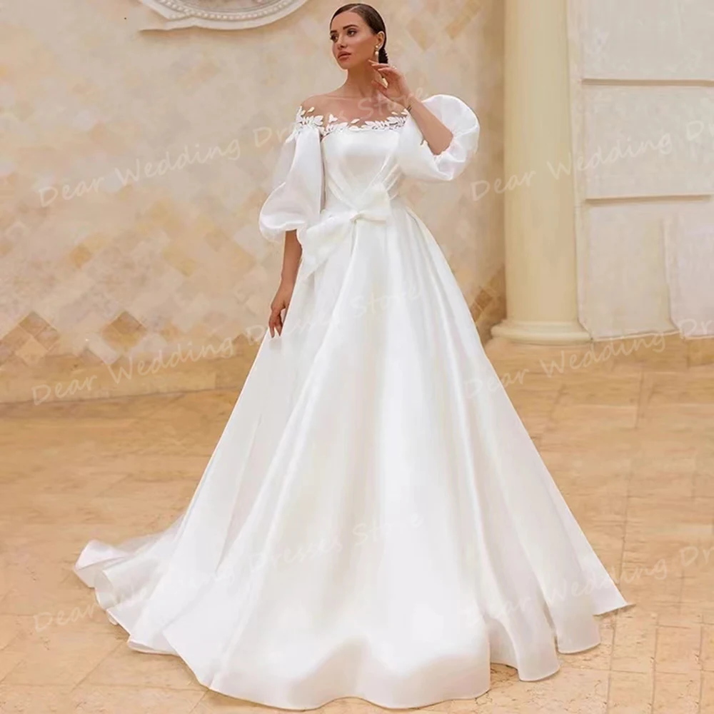 Klassische eine Linie Brautkleider sexy glatte Satin Frauen Brautkleider kurze Puff ärmel rücken freie formelle Mode vestido de novia