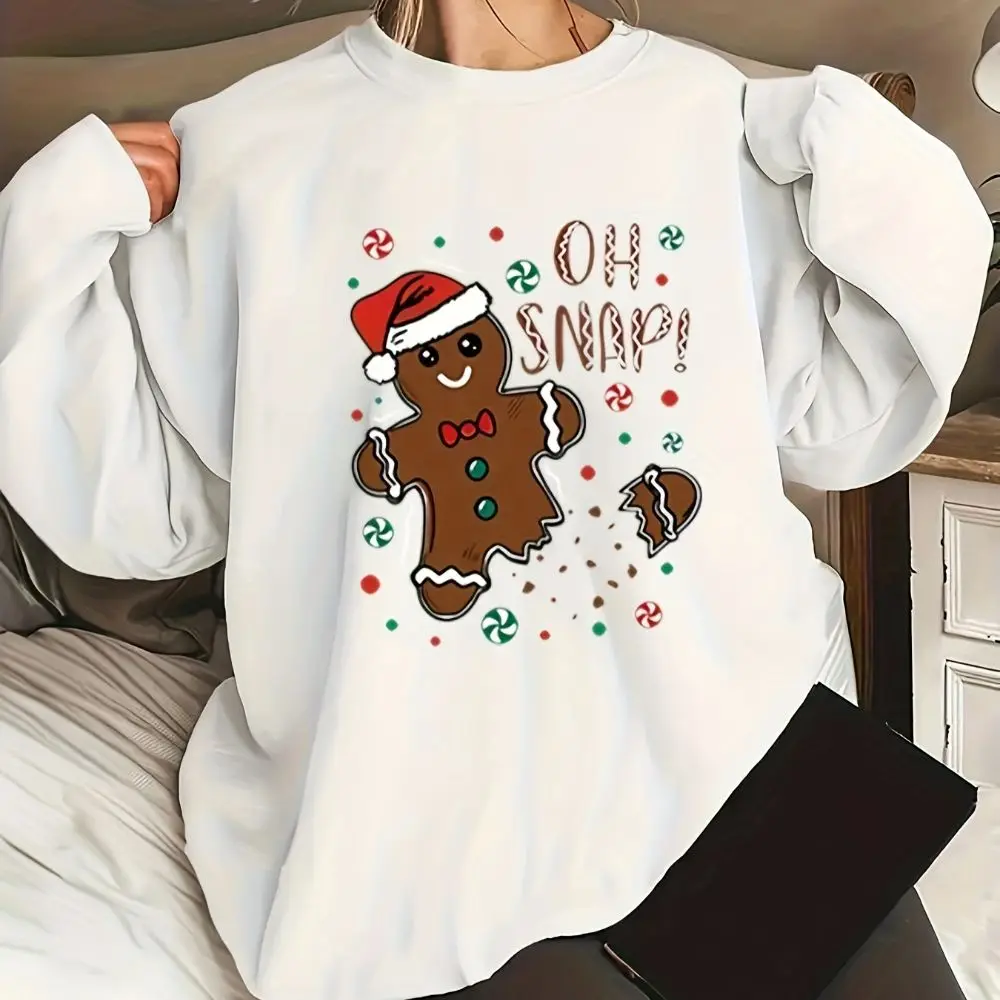 Cute Gingerbread Man Printed Christmas Casual Women\'s Hoodie Suitable For Autumn And Winter Long Sleeved Comfortable O-neck Top