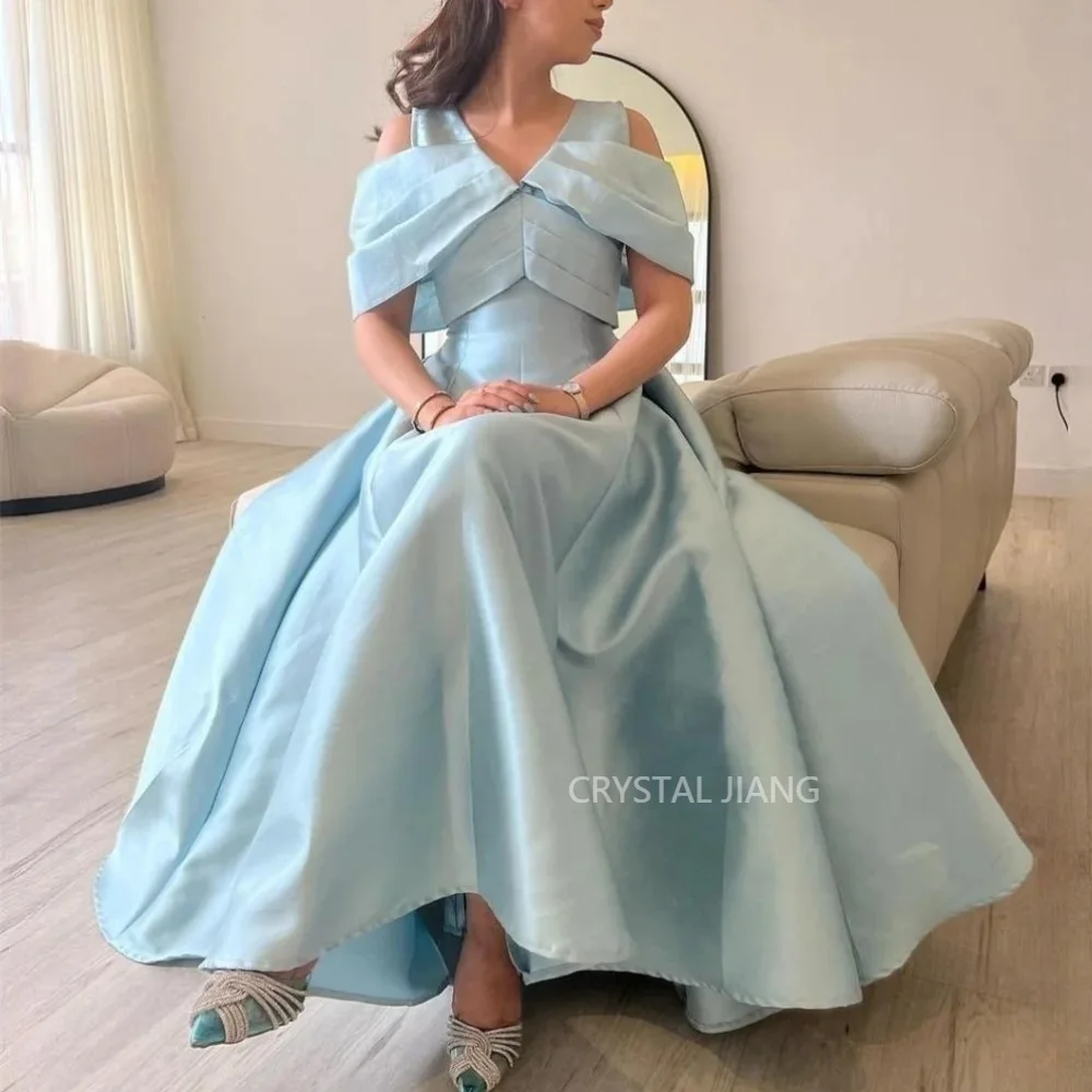 

Elegant Long Blue V Neck Satin Evening Dresses Short Sleeves A Line Floor Length Vestido Elegante Fiesta 2024