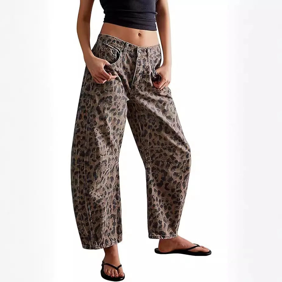 

Barrel Jeans Women Leopard Pants Mid Waist Distressed Washed Pockets Vintage Streetwear Ankle Length Trousers 2025 Denims
