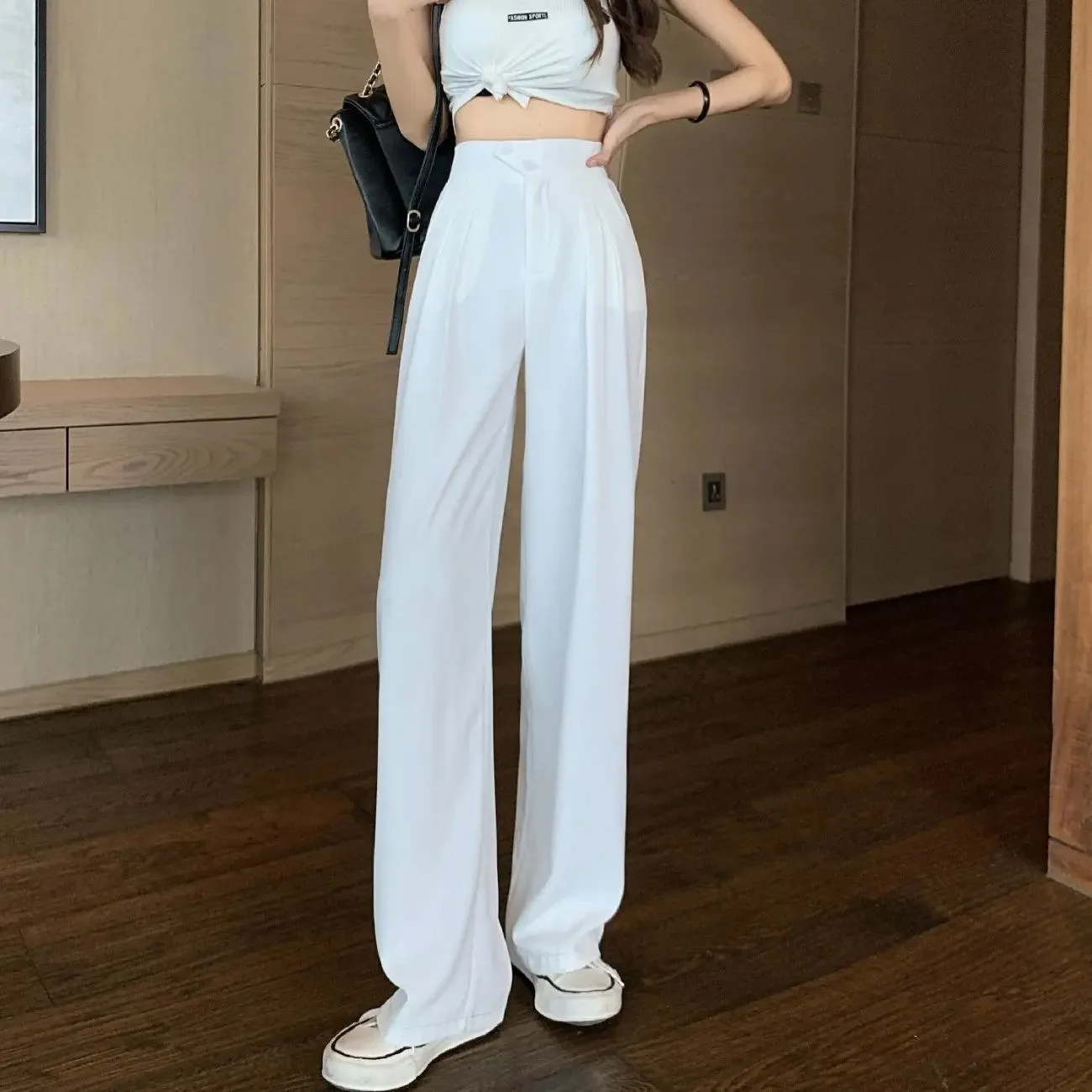 Women Solid Wide Leg Pants High Waist Button Spliced Trousers Casual Pockets Long Pant Loose Elegant Sporty Office Ladies