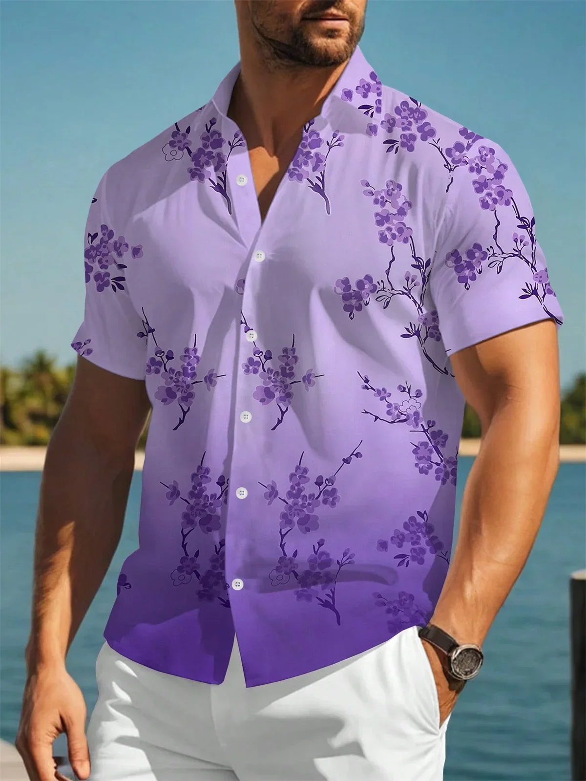 Men's flower 3D printed lapel button up shirt casual holiday short sleeved men's Hawaiian shirt Comfortable stretch fabric large