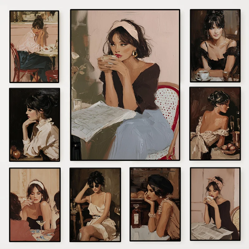 1pc frameless Vintage Elegant Woman Poster Moody Cosy Feminine Casino Bar Scene Canvas Wall Art for Club Living Room Home Dec