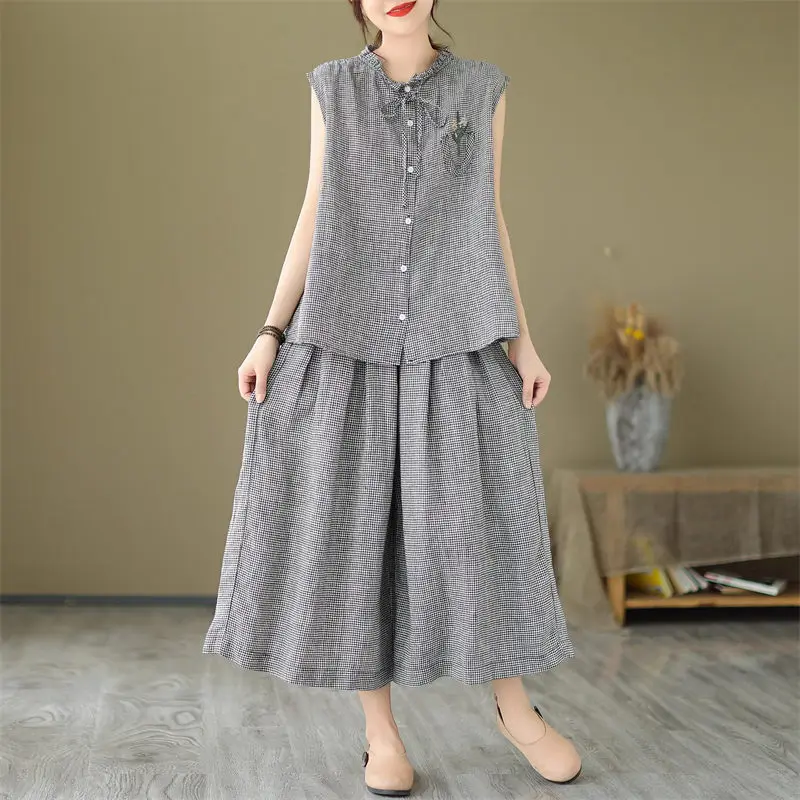 

Artistic Retro Casual Linen Embroidery Top Wide Leg Pants Paid Set For Women 2023 Summer Loose Shirt And Trousers Outfits Z1985