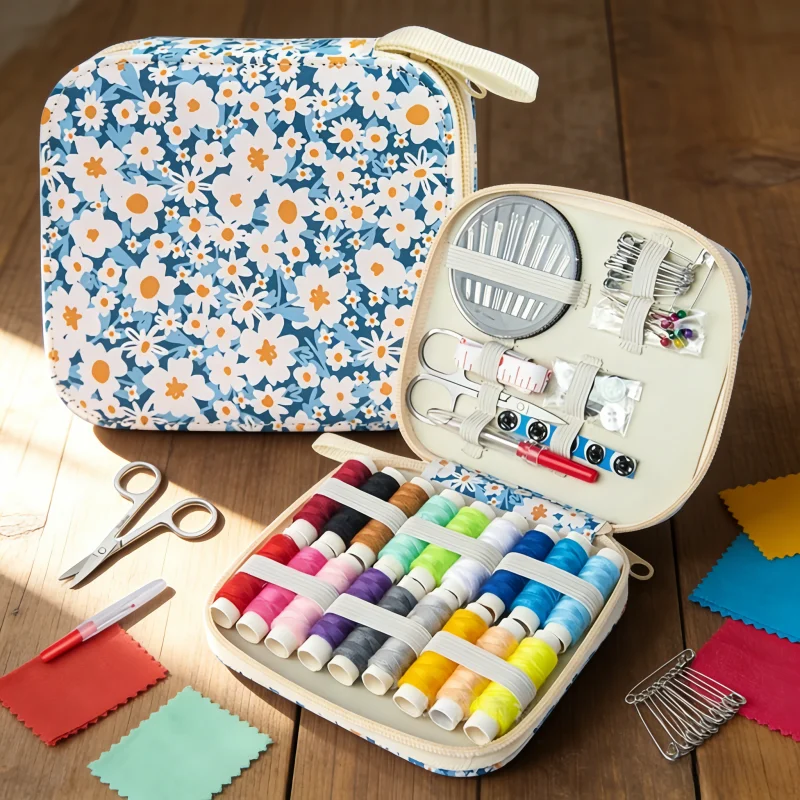 

Кожаная синяя сумка для игл и ниток с принтом, набор для ручного шитья для домашнего использования, обычный портативный органайзер для игл и ниток