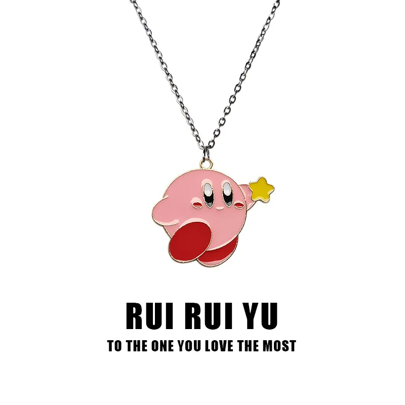 Kawaii Kirby Anime Game Peripheral Necklace Pink Star Kirby Metal Pendant for Girls Funny Modeling Accessories Kid Birthday Gift