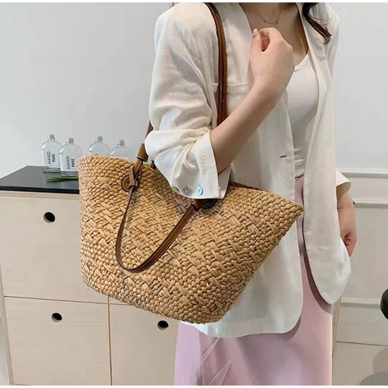 Neue Schulter Tasche Handgemachte Stroh Gewebt Große Kapazität Marke Hochwertige Korb Tasche Sommer Strand Urlaub Mode Handtasche Forwomen – Detail 10