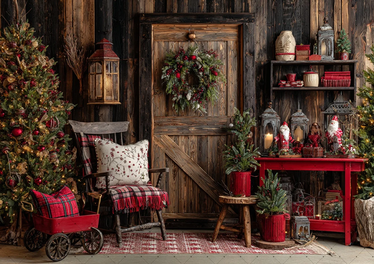 Christmas Photography Backdrop Rustic Wooden Barn Door Xmas Tree Wreath Lantern Plaid Chair Holiday Party Photo Background Decor