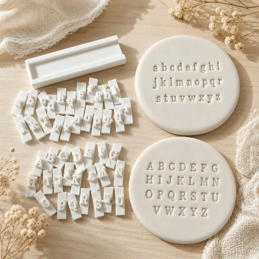 Handmade Clay Letter Number Stamp Set with 26 Letter with Tray Upper Lower Case Clay Stamp Plastic with 10 Number