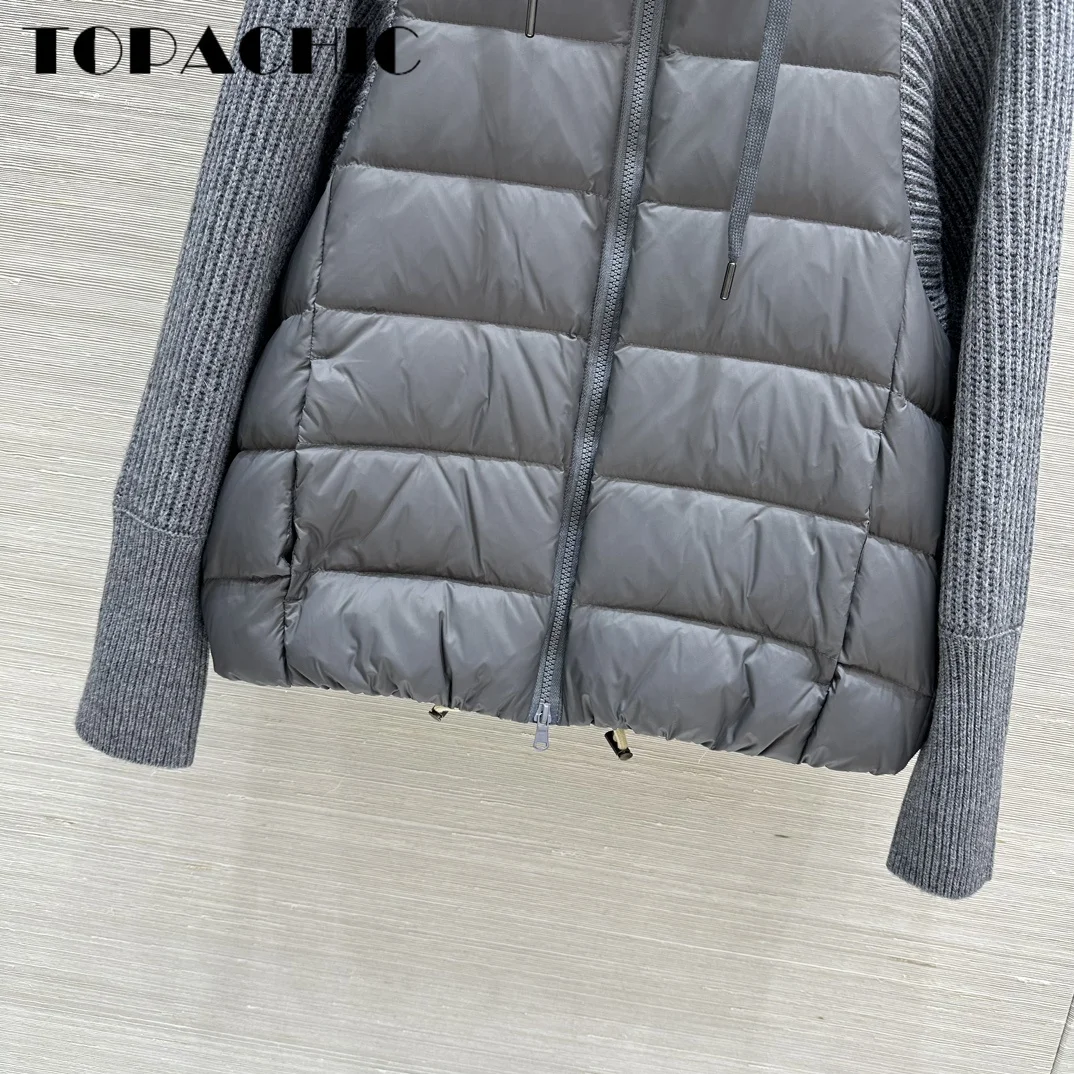 8.31 TOPACHIC-Women Bead Chain Zipper Wool Knit Long Sleeve Spliced Hooded Down Jacket Keep Warm Comfortable All-match Coat