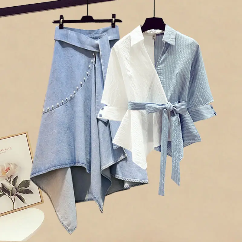 Summer New Stitched Shirt Female Set Elegant Women\'s Casual Blouse Half-Length Skirt Two Piece Set Ladies