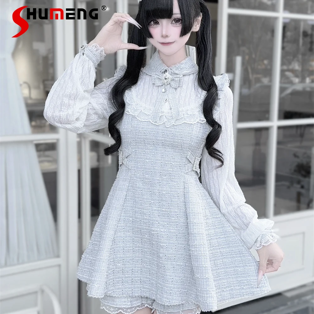 

Оригинальный японский стиль Mines, массовое производство, комплект в стиле Лолиты для милых девочек, кружевное платье с длинными рукавами, шорты с высокой талией, женский комплект из двух предметов