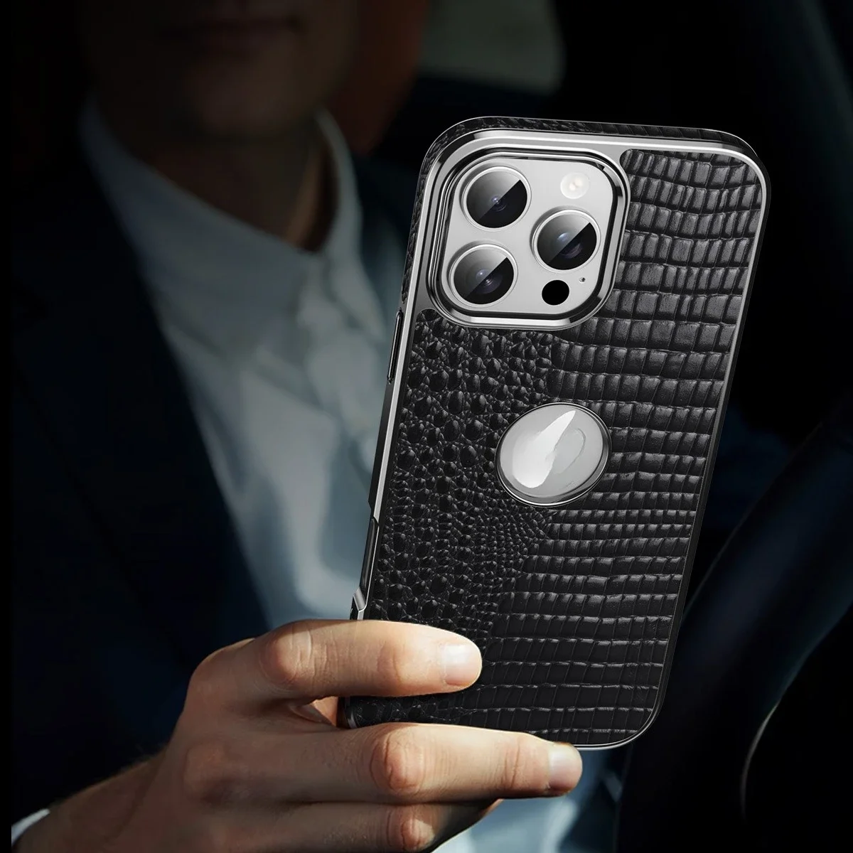 

Case for iPhone 16 Pro Max 17 Air 15 14 Pro Alligator Pattern Genuine Cowhide Leather PC+TPU Magnetic Charging Protective Cover