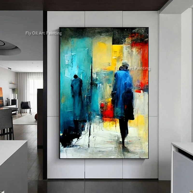 Abstract City Walkers Oil Painting Colorful Urban Figures Canvas Wall Art Handmade Vertical Impasto Artwork