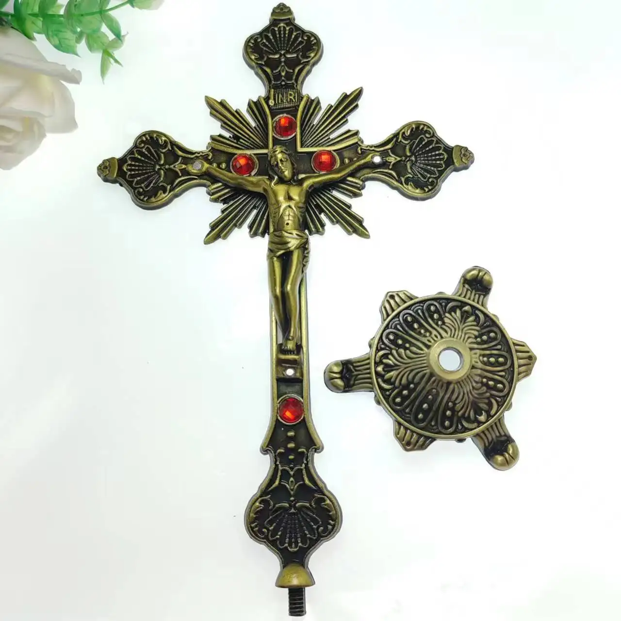 Antique bronze plated Church Metal Stones Cross,Lord Jesus Christ, standing crucifix, church decoration,catholic cross