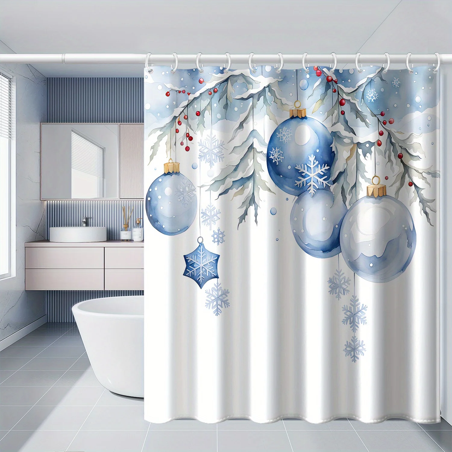 Christmas Blue Ball Snowflake Printed Shower Curtain, High Quality Polyester Fabric with Hooks