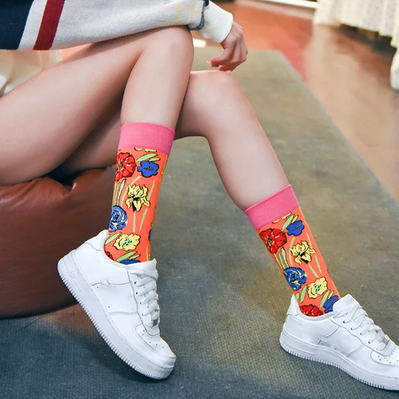 

2024 Colorful Women's Cotton Crew Socks Funny striped flowers Animal Pattern Creative Ladies Novelty Socks For Gifts