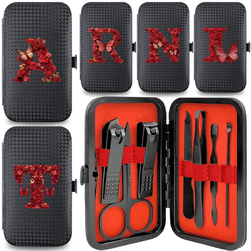 

7 Pcs Nail Clippers Set Storage Box Manicure Case Organizer Pedicure Kit Home Essentials Personal Care Red Rose Letter Pattern