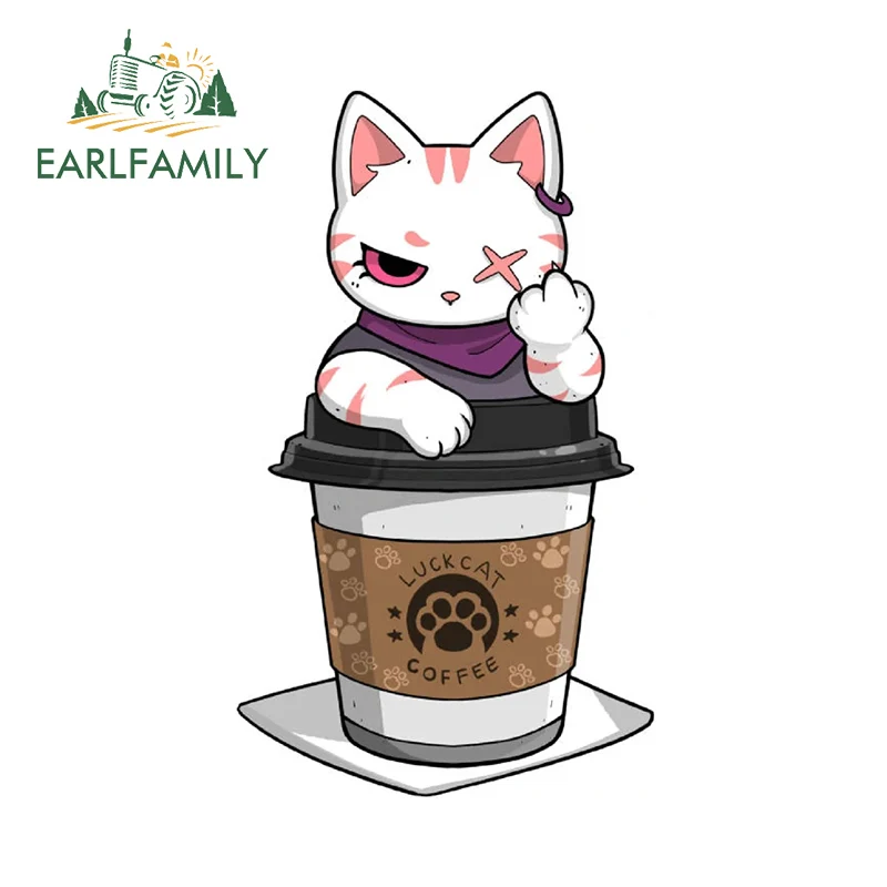 EARLFAMILY 13cm for Luckcat Cute Kawaii Cat Coffee Funny Cartoon Art Car Stickers Fashionable Waterproof Decals Scratch-Proof