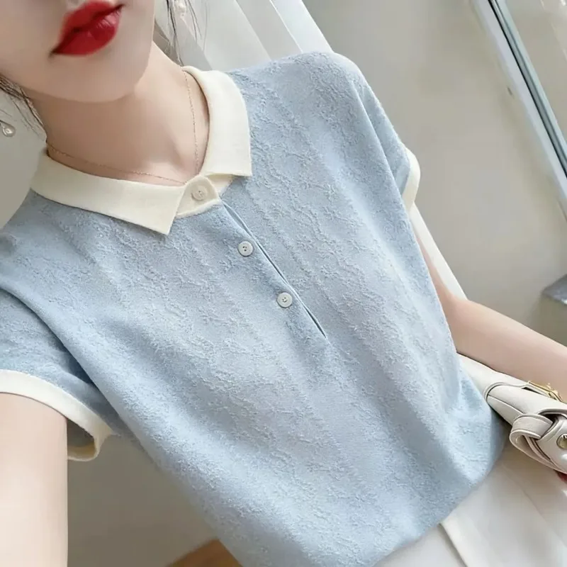 Women Summer Color Block Short Sleeve Knit Top Casual Loose Polo Style Blouse