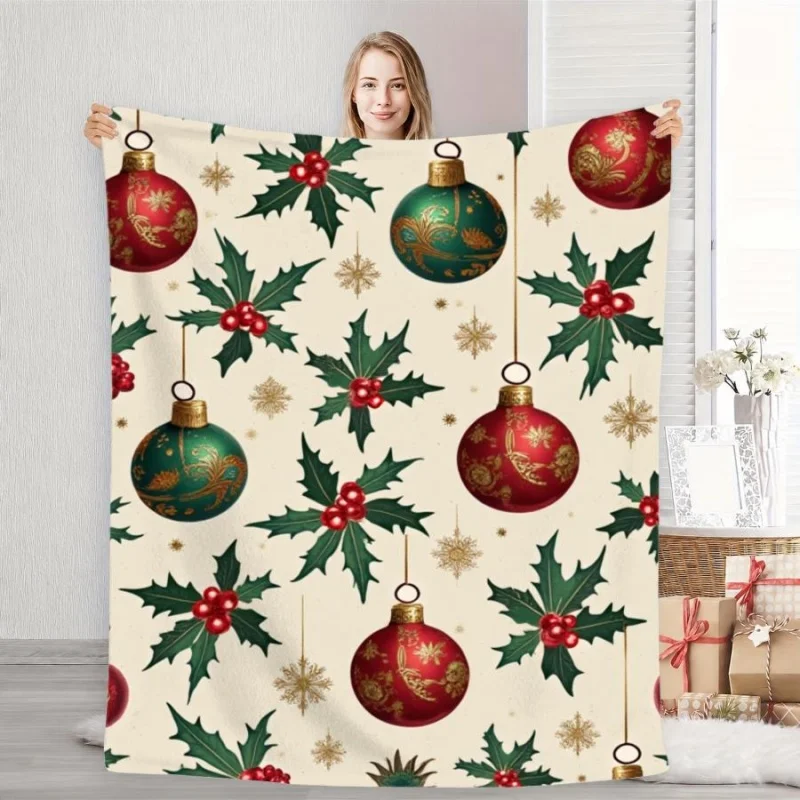 Merry Christmas Pine Wreath Candy Cane Gift Box Snow Scene Flannel Throw Blanket, Winter Holiday Decorative Blanket for Sofa
