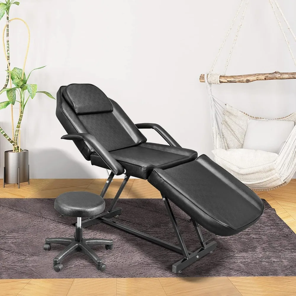 Silla de tatuaje para salón de masaje, cama de esteticista con taburete hidráulico, mesa de cama facial multiusos de 3 secciones, equipo de belleza, negro